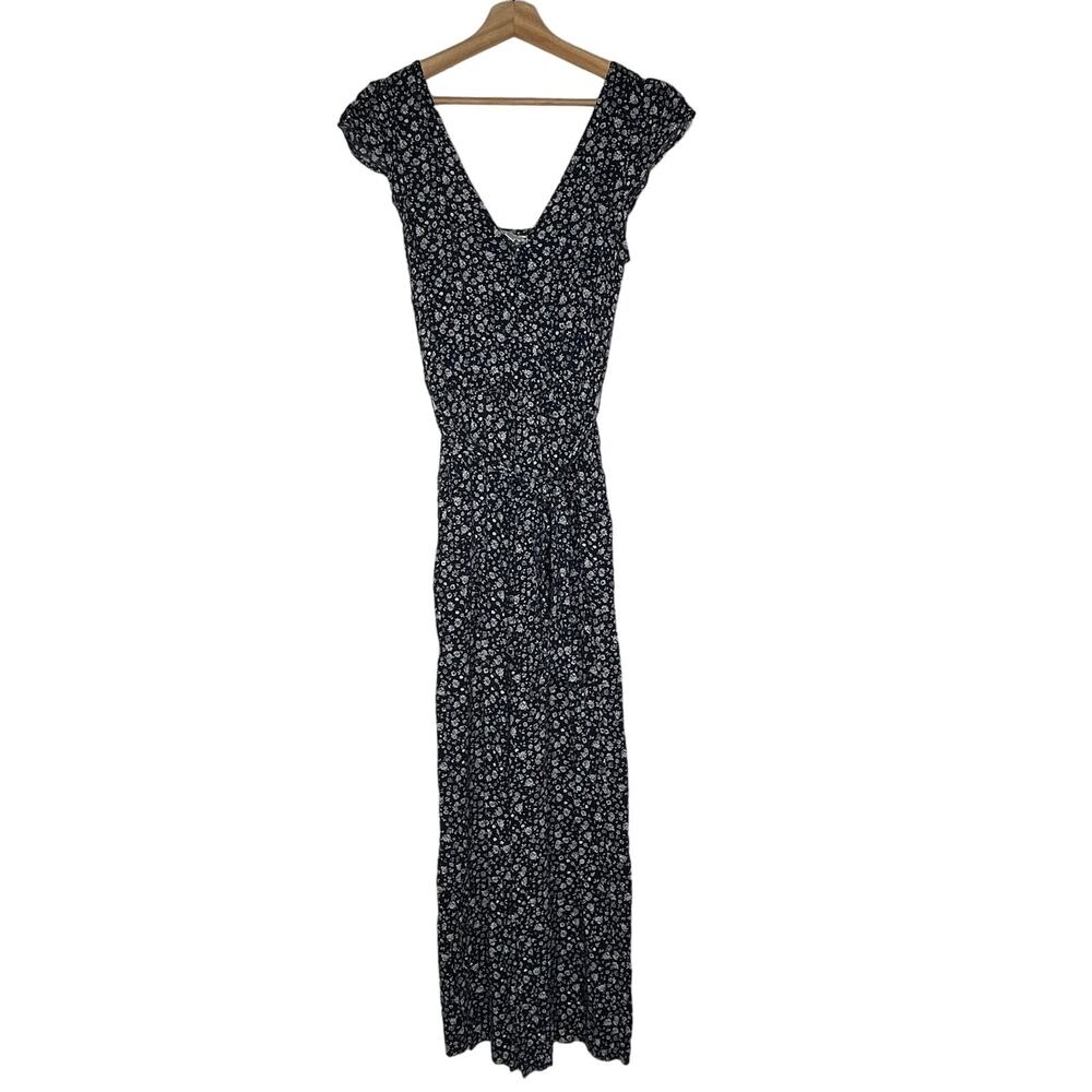 American Eagle Women's Blue White Ditzy Print Cap‎ Sleeve V-Neck Jumpsuit Small